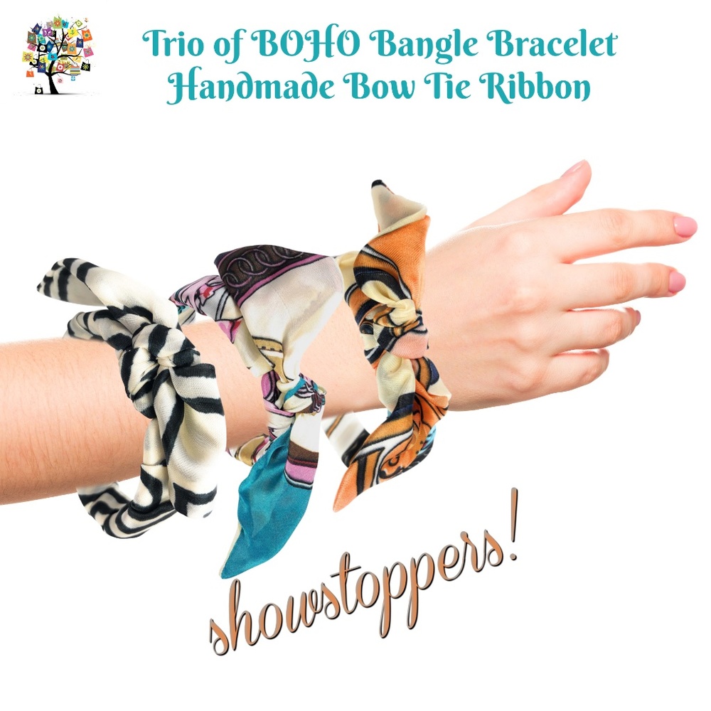 Trio of BOHO Bangle Bracelets Handmade BowTie Designer Ribbon Patters